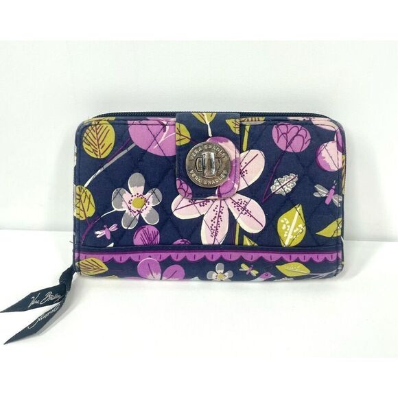 Vintage Vera Bradley Turn Lock Nightingale Wallet Purple Blue Large Zip Around - Picture 1 of 4